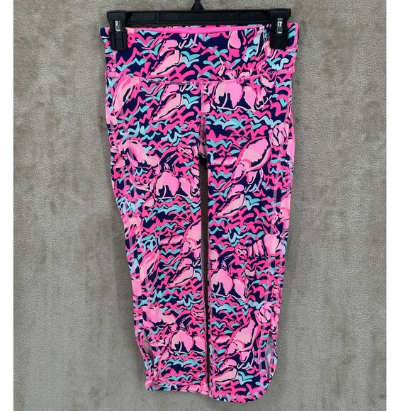 Lilly Pulitzer Pants Womens XS Luxletic Crop Pop Up‎ Lobstah Roll Navy Pink Gym - Picture 1 of 8